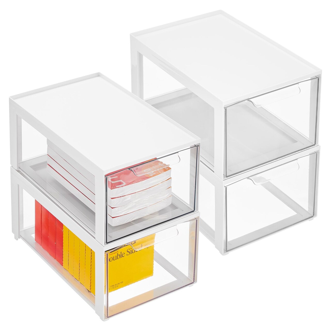 mDesign Plastic Office Storage Stack Organizer with Drawer, 4 Pack